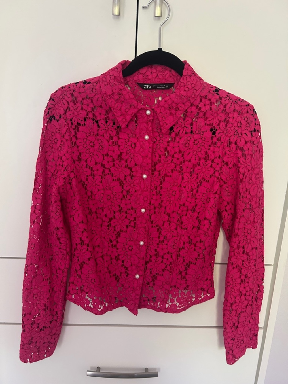 Zara Hot Pink Floral Lace Button-Down Shirt